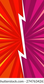 Яркий белый символ молнии выделяется на разделенном фоне красных и фиолетовых радиальных солнечных лучей, создавая мощный и энергичный визуальный.