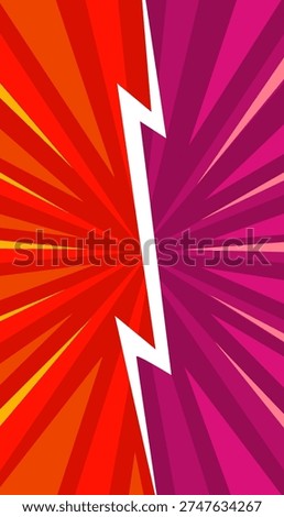 A striking white lightning bolt symbol stands out against a split background of red and purple radial sunbursts, creating a powerful and energetic visual.