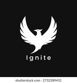 Striking white phoenix or eagle silhouette with powerful spread wings and 'Ignite' text, symbolizing strength, rebirth, and inspiration on a clean black background. Ideal for branding.