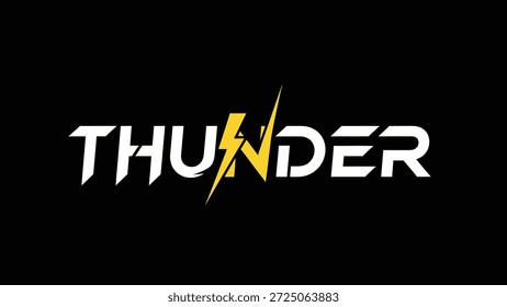 A striking white text logo for 'THUNDER' is prominently displayed against a solid black background, featuring a vibrant yellow lightning bolt icon