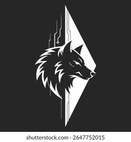 A striking wolf head graphic design featuring geometric shapes in black and white, creating a modern, abstract, and captivating visual emblem.