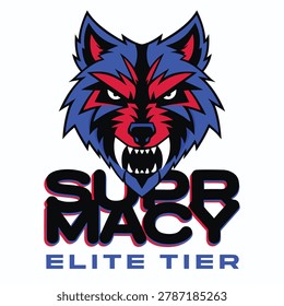 Striking wolf head logo featuring red and blue fur, menacing eyes, sharp fangs. Supremacy, elite tier text, powerful graphic.