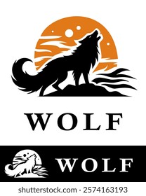 A striking wolf logo design featuring a silhouette of a howling wolf against an orange sunset with abstract clouds and moon