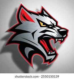 Um logotipo marcante de mascote de lobo com formas geométricas nítidas, contornos arrojados e tons vermelhos e cinzas vibrantes. Ideal para marca de equipe, logotipos e projetos criativos que exigem um anima agressivo