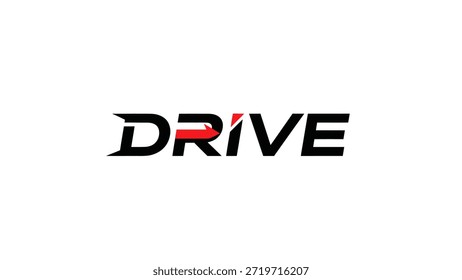 Un llamativo logotipo de marca de palabras con la palabra DRIVE en una fuente atrevida y moderna. La letra 'I' se reemplaza creativamente por una flecha roja y aguda que apunta