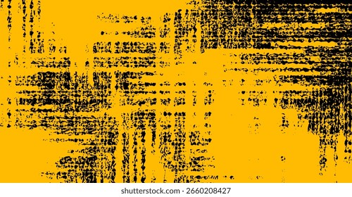 Striking yellow backdrop features fragmented black streaks and splatters, creating a distressed, weathered texture with an urban, abstract aesthetic with horizontal line patterns
