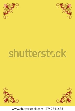 A striking yellow background, adorned with red corner accents and vintage style patterns.