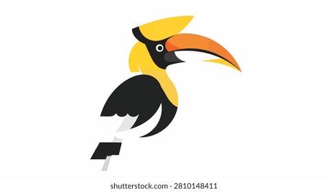 A striking yellow and black bird with a hooked beak perched on a thin branch against a plain background