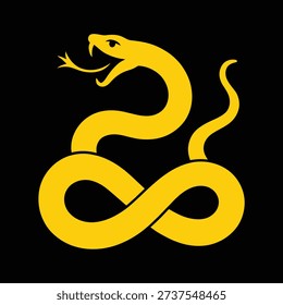A striking yellow snake, coiled into an infinity symbol, with its head raised and tongue flicking, set against a stark black background.