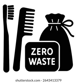 Silhueta de desperdício zero impressionante com uma escova de dentes, pente, barra de sabão e saco reutilizável. O estilo preto sobre branco arrojado é perfeito para projetos ecologicamente corretos. 