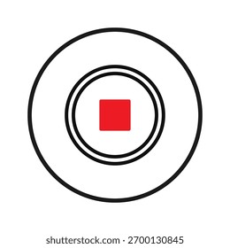 Uma ilustração gráfica incrivelmente simples, mas potente, com um quadrado vermelho arrojado no coração de círculos concêntricos. Esta composição imediatamente atrai o olho, simbolizando um ponto de parada, um ponto