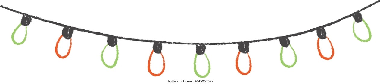 A string of alternating orange and green light bulbs in a hand-drawn style. Festive bulbs hang on a curved wire creating a cheerful atmosphere. Cartoon vector illustration.
