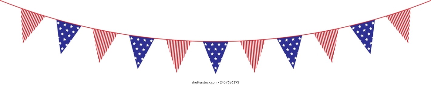 String of American flag decorative bunting. Garland decoration triangle garland vector element.