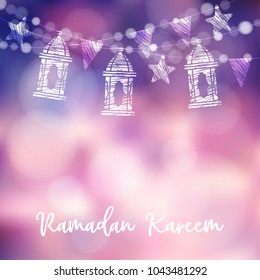 String of arabic lanterns, flags, lights and stars. Modern decorative festive  blurred vector illustration background for muslim community holy month Ramadan Kareem.