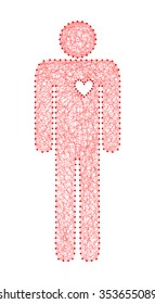 String art (nail and yarn) design of man. Abstract human shape icon with heart - red color of thread. Male body anatomy. Medical care concept, vector image illustration, isolated on white background