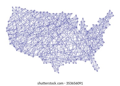 String Art ( Nail And Yarn ) Design USA Map - Purple Color. Cartography Concept, Map In Shape Of United States Of America Continent. Vector Image Illustration, Isolated On White Background