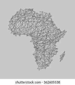 String art ( nail and yarn ) design africa map - gray and black color. Cartography concept, map in shape of Africa continent. vector image illustration, isolated on grey background, eps10