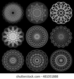  String art. Sacred geometry. Spirograph and black background. Vector elements set.