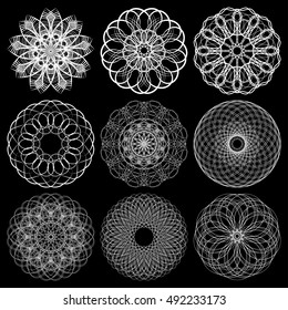 String art. Sacred geometry. Spirograph and black background. Vector elements set.