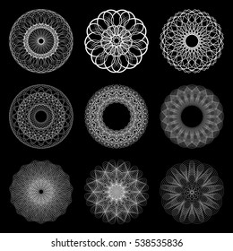 String art. Sacred geometry. Spirograph and black background. Vector elements set. Rosette for Fake Money or Other Security Papers. Digital watermark.