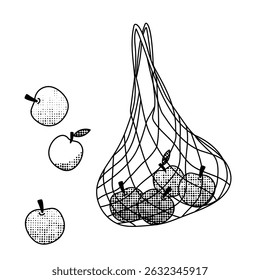string bag with apples, black and white line art for eco-friendly living