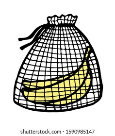 String bag with bananas. Zero waste icon isolated on white background. Textile eco pouch for products.