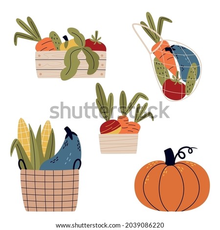 String bag and basket full of vegetables. Farm Market or Vegan concept. Healthy food. Eco bag. Buy fresh organic products from the local farmer’s market. Cartoon vector illustration ストックフォト © 