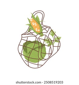 String bag with cabbage, corn, greens. Eco-friendly consumption. Vector illustration
