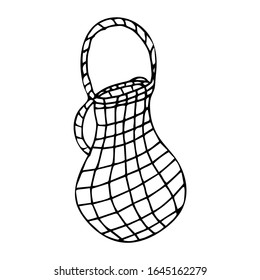 A string bag for carrying products, an environmentally friendly version of the shopper for going to the store. Black and white illustration on white background in doodle style vector