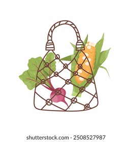 String bag with corn, beetroot. Eco-friendly consumption. Reusable grocery bag. Vector illustration