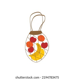String bag with fruits (banana, orange and apple). Vector illustration with isolated objects. Cute hand drawn eco packaging and zero waste concept.