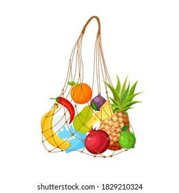String bag full of fruit and vegetables. Eco-friendly cotton shopping net bag with food. Groceries in a trendy flat style. Farming, fresh products and organic agriculture. Healthy eating concept.