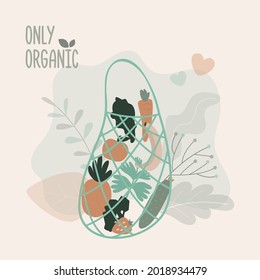 String bag with kit of different vegetables. Shopping reusable grocery net bag. Environmental protection, movement of zero waste. Eco-friendly lifestyle. No plastic, only organic. Vector illustration