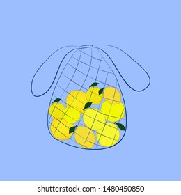 string bag, net bag, or mesh bag. open netted bag full of yellow lemons. zero waste, low waste consept. cute food illustration.