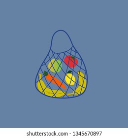 String bag, open netted bag. flat simple vector illustration. dark eco bag on the blue background. Bag full of fruits and vegetables (tomato, lemon, carrot, banana, apple) Zero waste lifestyle. 