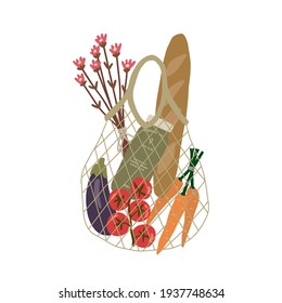 String bag with various products. Zero waste concept. Vector illustration in cartoon style isolated on white background