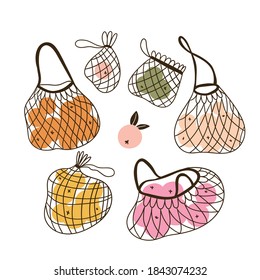 Bolsas de cuerdas y manzanas. Ilustración vectorial con objetos aislados. Cuto empaque ecológico a mano y concepto de basura cero. 