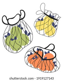 String bags with fruits. Hand drawn concept of eco shopping, eco shopping, fruit shopping. Vector illustration.