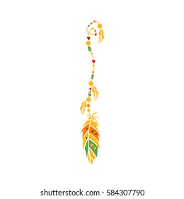 String With The Beads And Feather On The End, Native Indian Culture Inspired Boho Ethnic Style Print