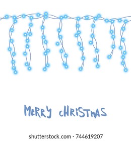 String blue garland and lettering isolated on black background. Vector illustration of merry Christmas, New Year party decoration with transparency. Glowing light for card design. Lights border