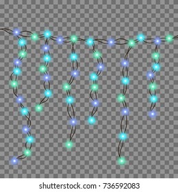 String blue garland and text space isolated on background. Vector illustration of Christmas, New Year party decoration with transparency. Glowing light for card design. Lights border