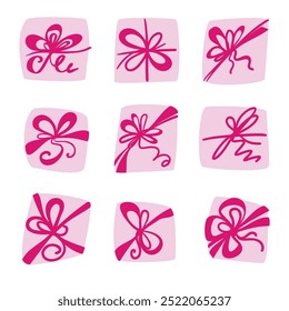 String Bow Ícone, Linha de esboço rosa Arcos de corda, Nó de fita de presente, Nós de cabo de embalagem, Símbolo com nós, Mão desenhada Bowknot Sinal, Corda de cabo desenhada à mão, Corda de corda de vetor