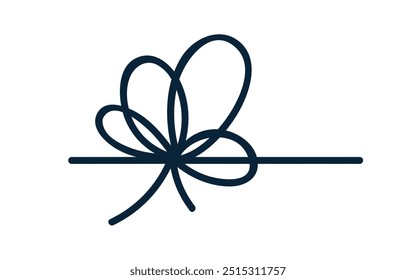 String bow, intricate gift knot decoration. Tied rope, thread, lace with loops. Decorative ornamental cord, line drawing. Hand-drawn graphic vector illustration isolated on white background