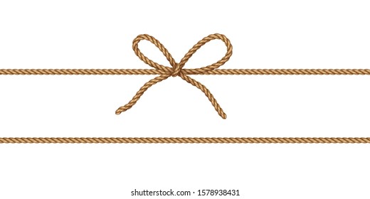 String Bow Isolated On Transparent Background. Vector Cord, Jute Or Twine Rope Knot. Brown Parcel String Wrap Element Template.
