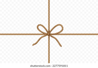 String bow isolated on transparent background. Vector cord, jute or twine rope knot. Parcel, package, box gift wrap element decor