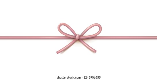 String bow isolated on white background. Vector Christmas gold rose lace, cord, rope or twine with bow. Golden pink xmas wrap element template.