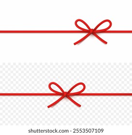 String bow isolated on white and transparent backgrounds. Vector cord, rope or twine. Red Christmas wrap element template	