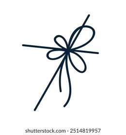 Arco de cuerda, decoración de nudo. Cuerda atada, hilo delgado, encaje con bucles decorativos en forma. Cinta, cordón para la decoración festiva de la caja de regalo. Ilustración vectorial gráfica dibujada a mano aislada sobre fondo blanco