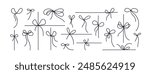String bows gift ribbon line collection for ropes, cords tied for gift box, simple present. Hand drawn thin stroke ribbon bow. Vector black illustration isolated on white background