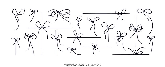 String bows gift ribbon line collection for ropes, cords tied for gift box, simple present. Hand drawn thin stroke ribbon bow. Vector black illustration isolated on white background